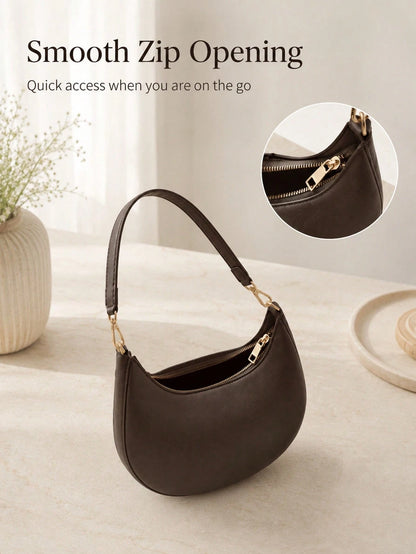 Classic Coffee Crescent Smooth Shoulder Bag For Daily Commute Elegant Old Money Shoulder Bags For Women Perfect For Winter Mochilas Bolsa