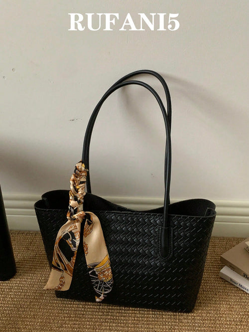 Classic Versatile Woven Texture Solid Color Handbag With Small Pouch, Elegant Women's Shoulder Bag With Scarf Decoration, Suitable For Shopping, Wallet, Young Women, College Students, Newcomers, White