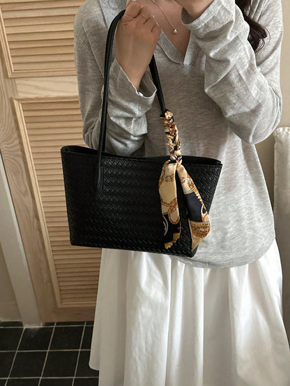 Classic Versatile Woven Texture Solid Color Handbag With Small Pouch, Elegant Women's Shoulder Bag With Scarf Decoration, Suitable For Shopping, Wallet, Young Women, College Students, Newcomers, White