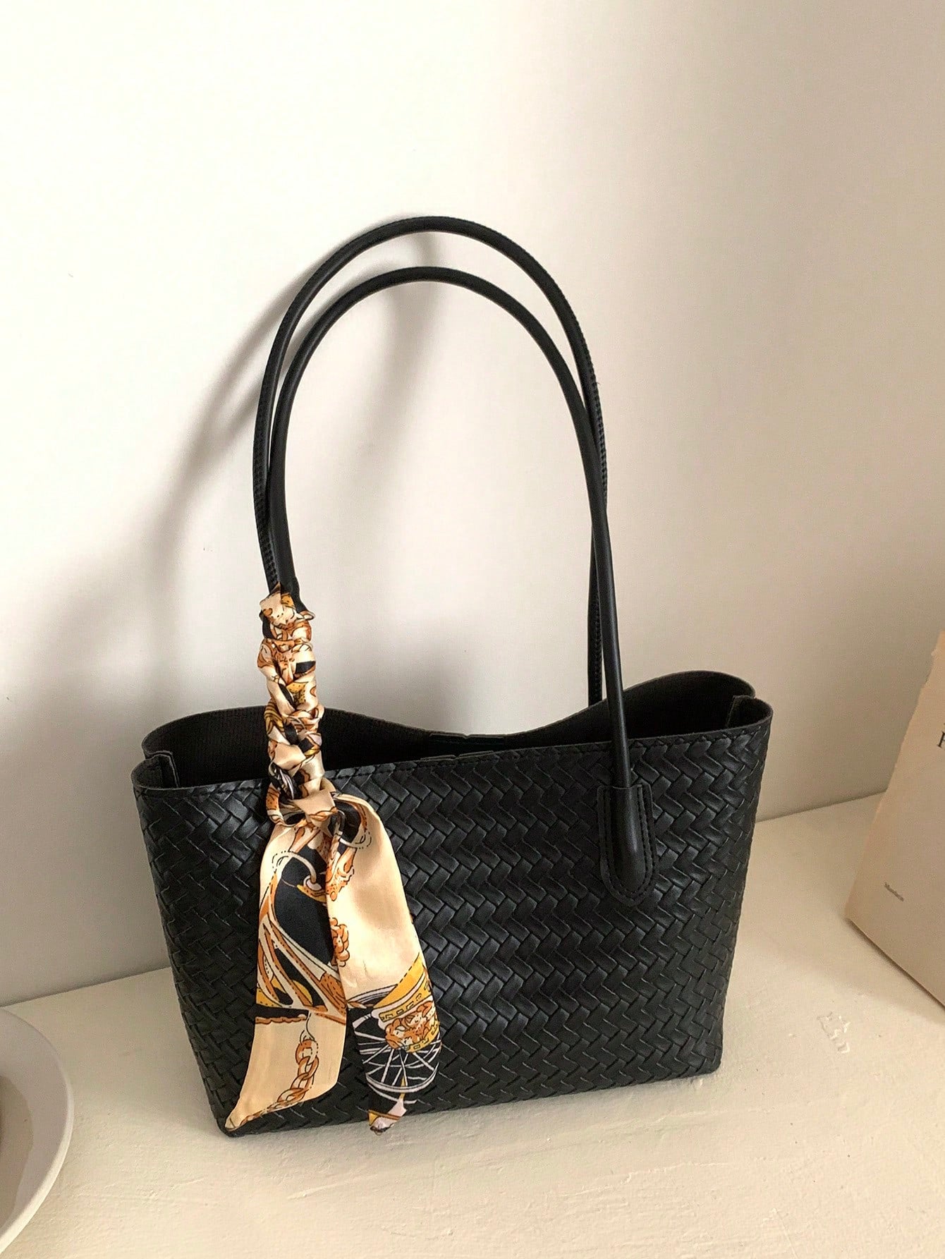 Classic Versatile Woven Texture Solid Color Handbag With Small Pouch, Elegant Women's Shoulder Bag With Scarf Decoration, Suitable For Shopping, Wallet, Young Women, College Students, Newcomers, White