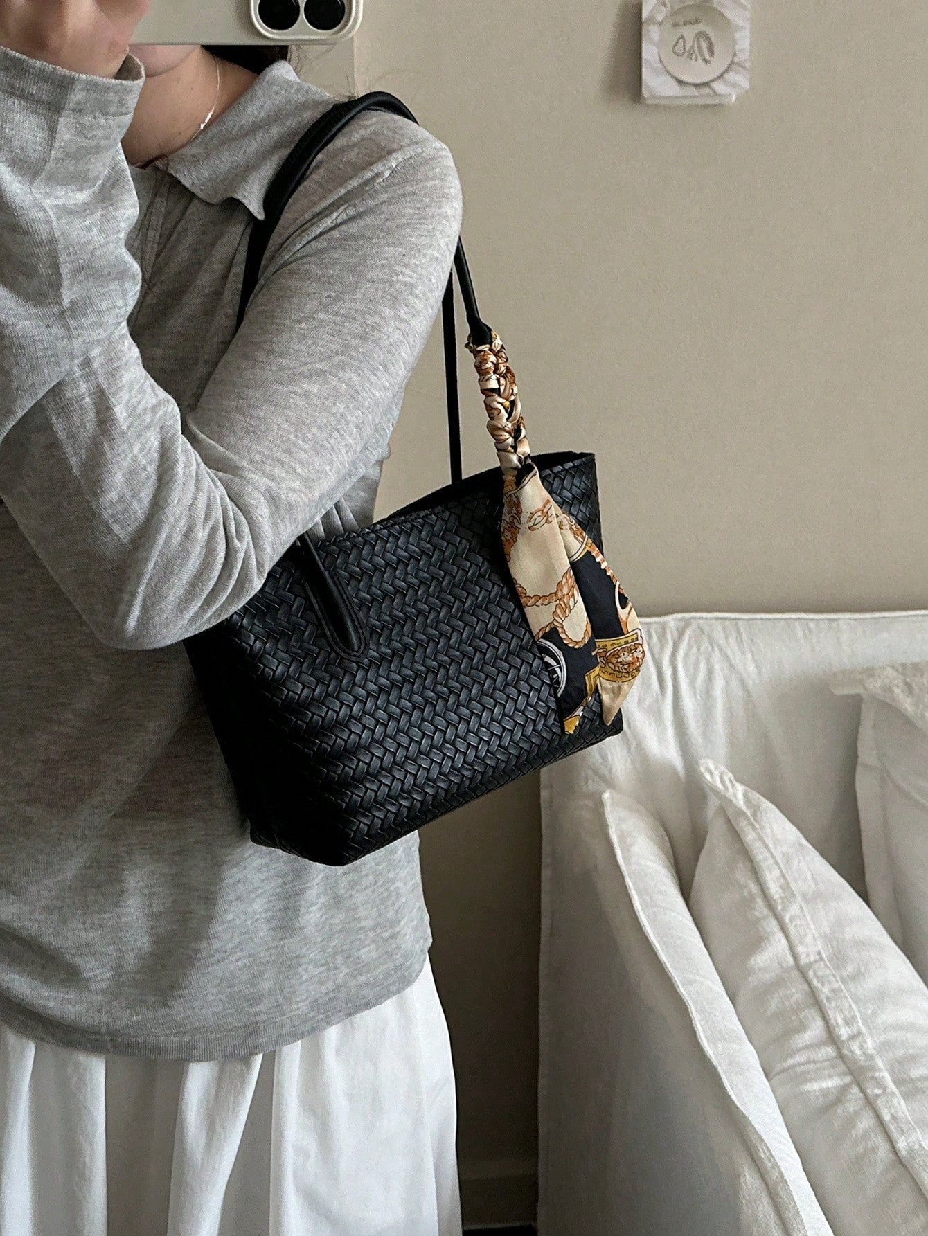 Classic Versatile Woven Texture Solid Color Handbag With Small Pouch, Elegant Women's Shoulder Bag With Scarf Decoration, Suitable For Shopping, Wallet, Young Women, College Students, Newcomers, White