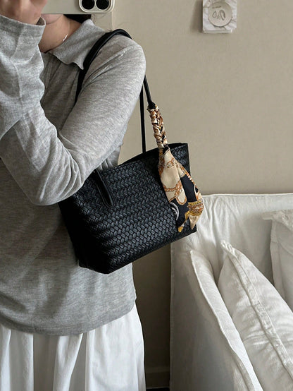 Classic Versatile Woven Texture Solid Color Handbag With Small Pouch, Elegant Women's Shoulder Bag With Scarf Decoration, Suitable For Shopping, Wallet, Young Women, College Students, Newcomers, White
