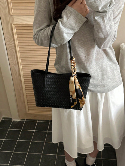Classic Versatile Woven Texture Solid Color Handbag With Small Pouch, Elegant Women's Shoulder Bag With Scarf Decoration, Suitable For Shopping, Wallet, Young Women, College Students, Newcomers, White