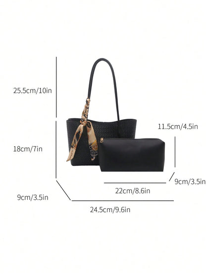 Classic Versatile Woven Texture Solid Color Handbag With Small Pouch, Elegant Women's Shoulder Bag With Scarf Decoration, Suitable For Shopping, Wallet, Young Women, College Students, Newcomers, White