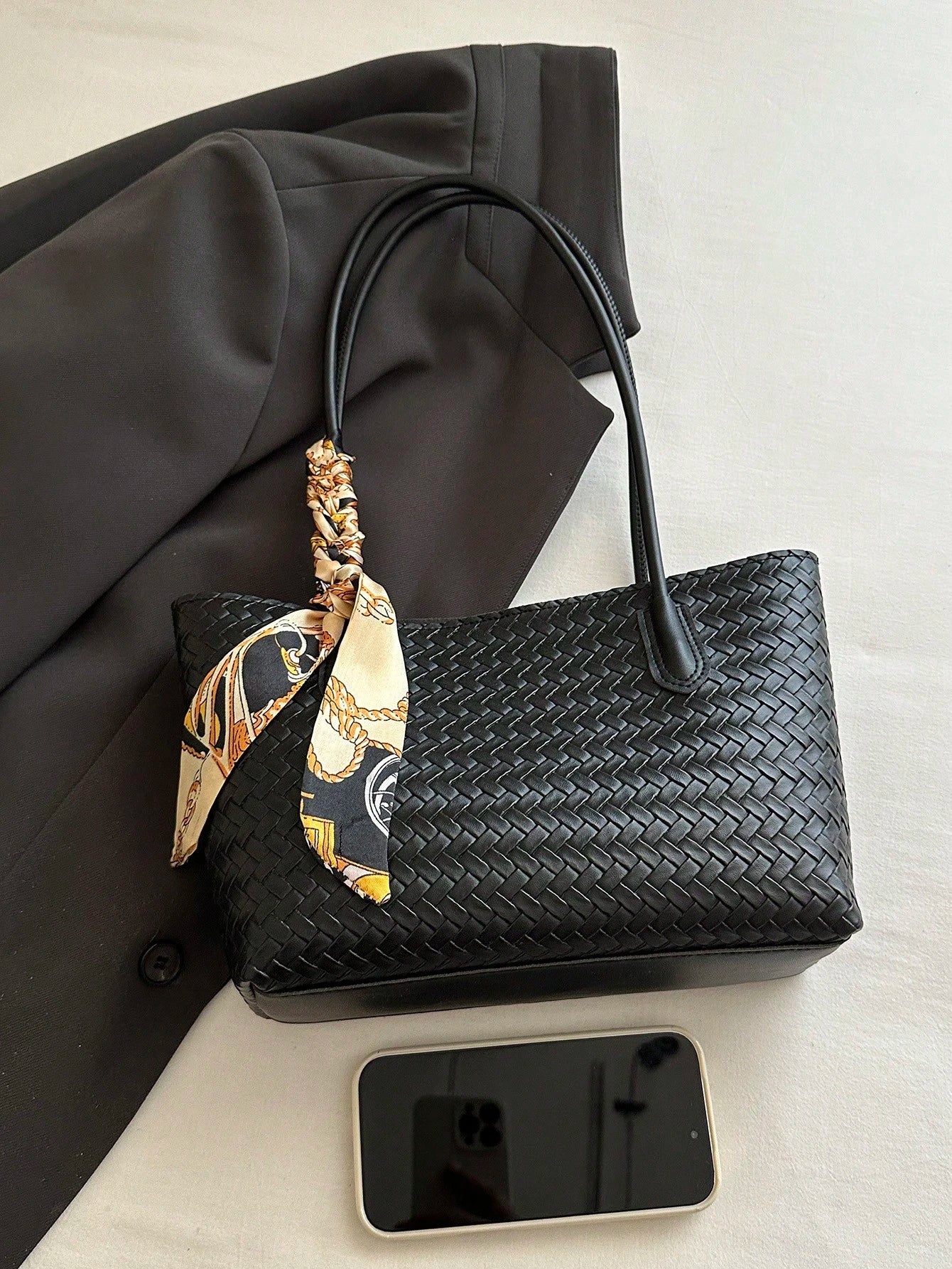 Classic Versatile Woven Texture Solid Color Handbag With Small Pouch, Elegant Women's Shoulder Bag With Scarf Decoration, Suitable For Shopping, Wallet, Young Women, College Students, Newcomers, White