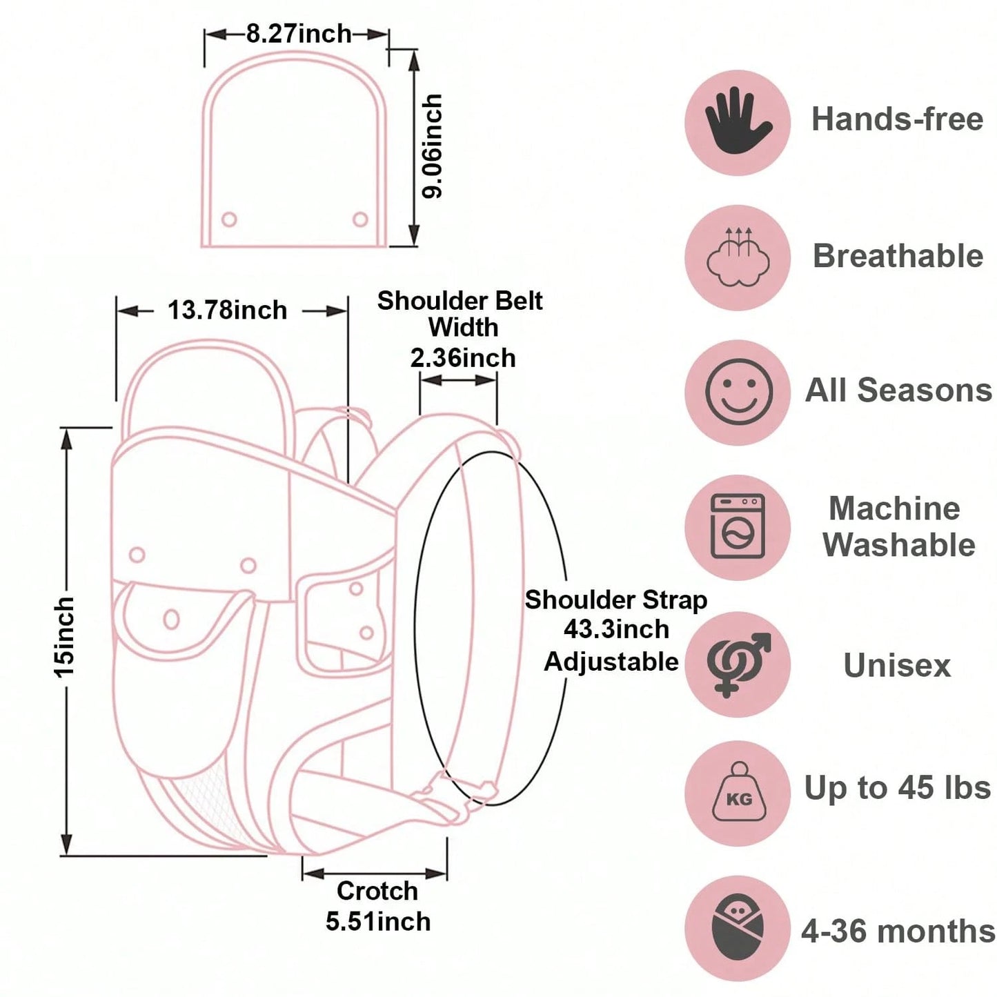 CN. 1PC Baby Carrier Grey/Pink/Black Newborn To Toddler(7-30lbs), Baby Christmas Gift,Toddler Carrier With Adjustable Shoulder Strap, Baby Holder Carrier