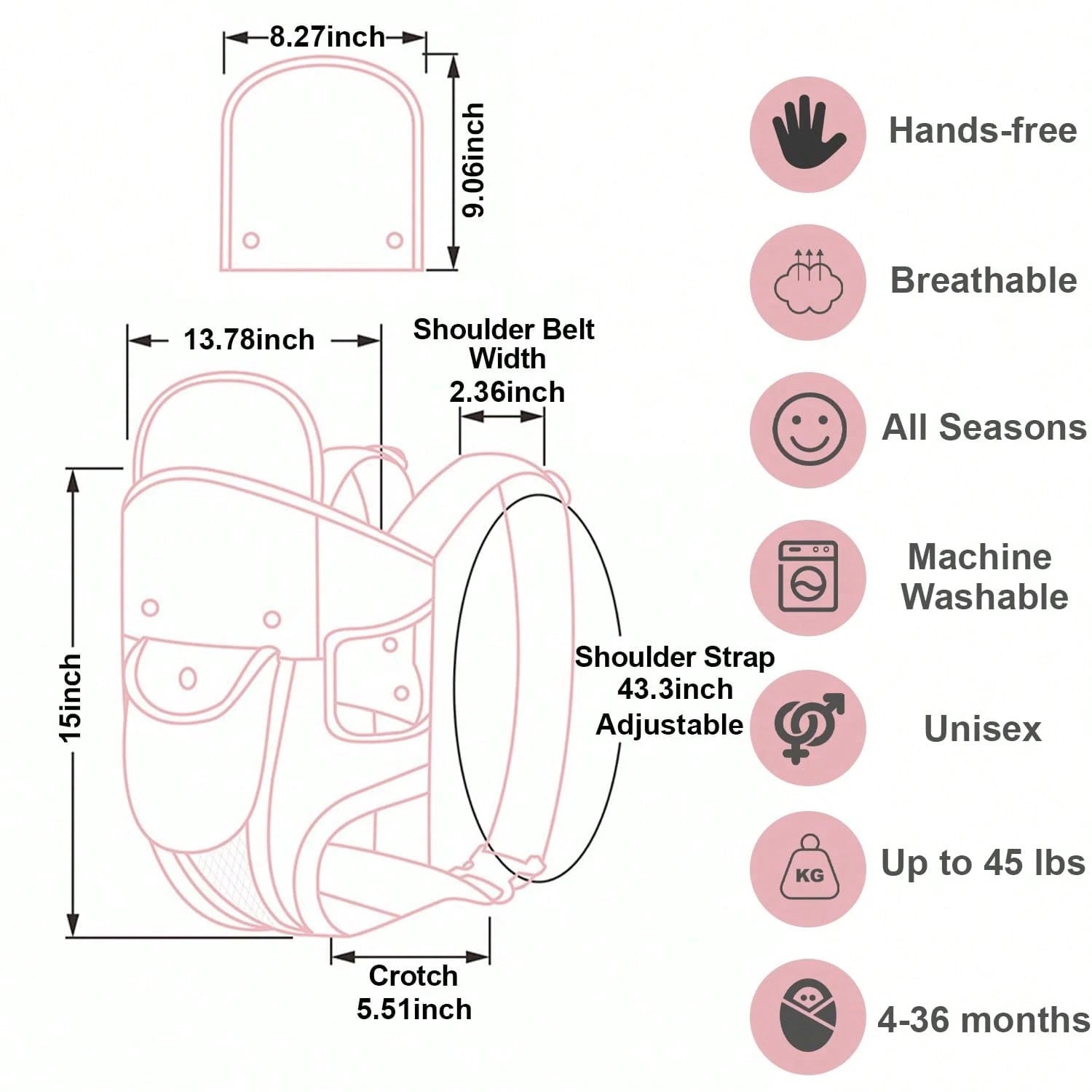 CN. 1PC Baby Carrier Grey/Pink/Black Newborn To Toddler(7-30lbs), Baby Christmas Gift,Toddler Carrier With Adjustable Shoulder Strap, Baby Holder Carrier