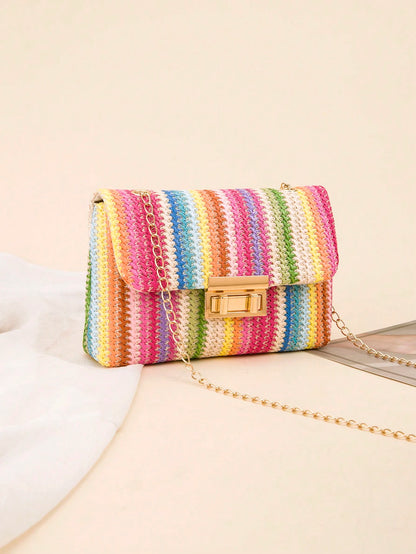 Colorful Woven Shoulder Bag, Women's Small Square Bag, Casual Beach Bag, Large Capacity, Spring/Summer
