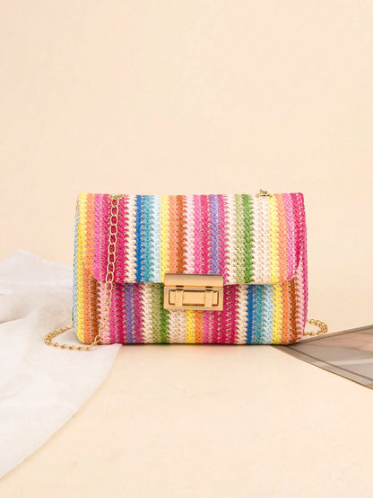 Colorful Woven Shoulder Bag, Women's Small Square Bag, Casual Beach Bag, Large Capacity, Spring/Summer