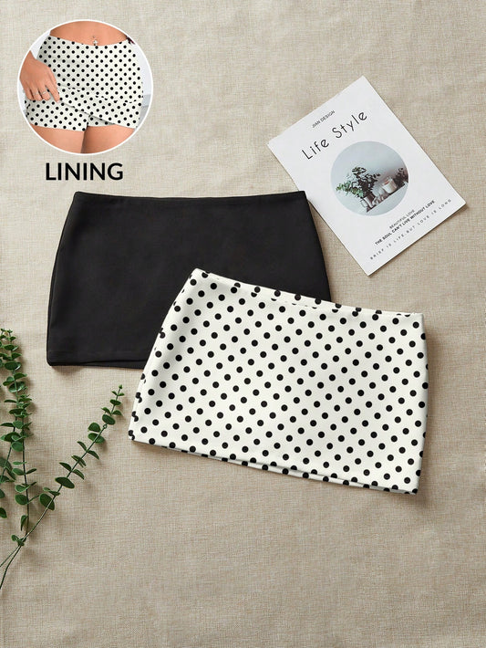 Comfortcana 2pcs Casual Versatile Sexy Party Airport, Black & Beige Retro Polka Dot Print Pattern, Comfortable Mini Skirt Set Suitable For Spring/Summer