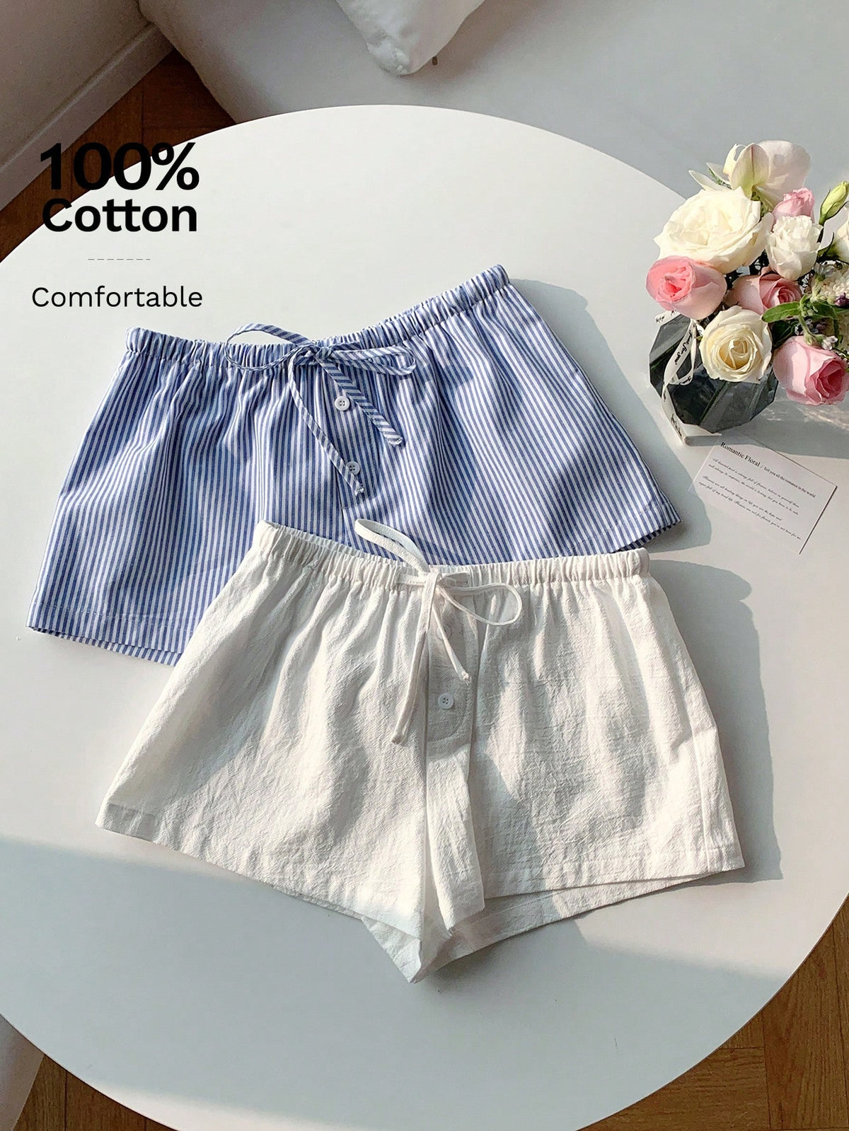 Comfortcana 2pcs Women Linen Blue And White White Shorts Lounge Summer Casual