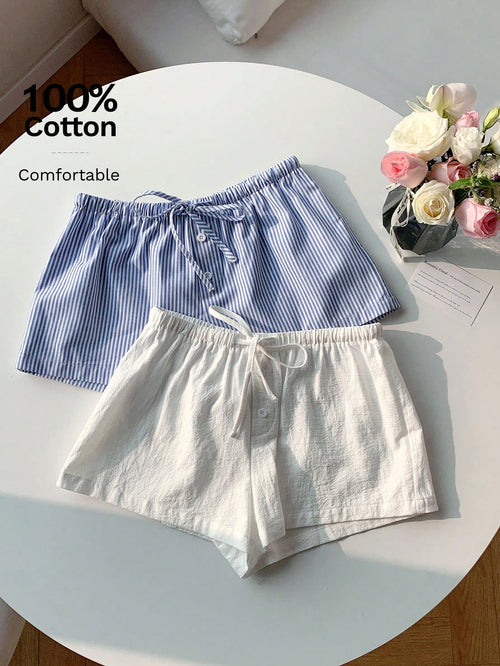 Comfortcana 2pcs Women Linen Blue And White White Shorts Lounge Summer Casual