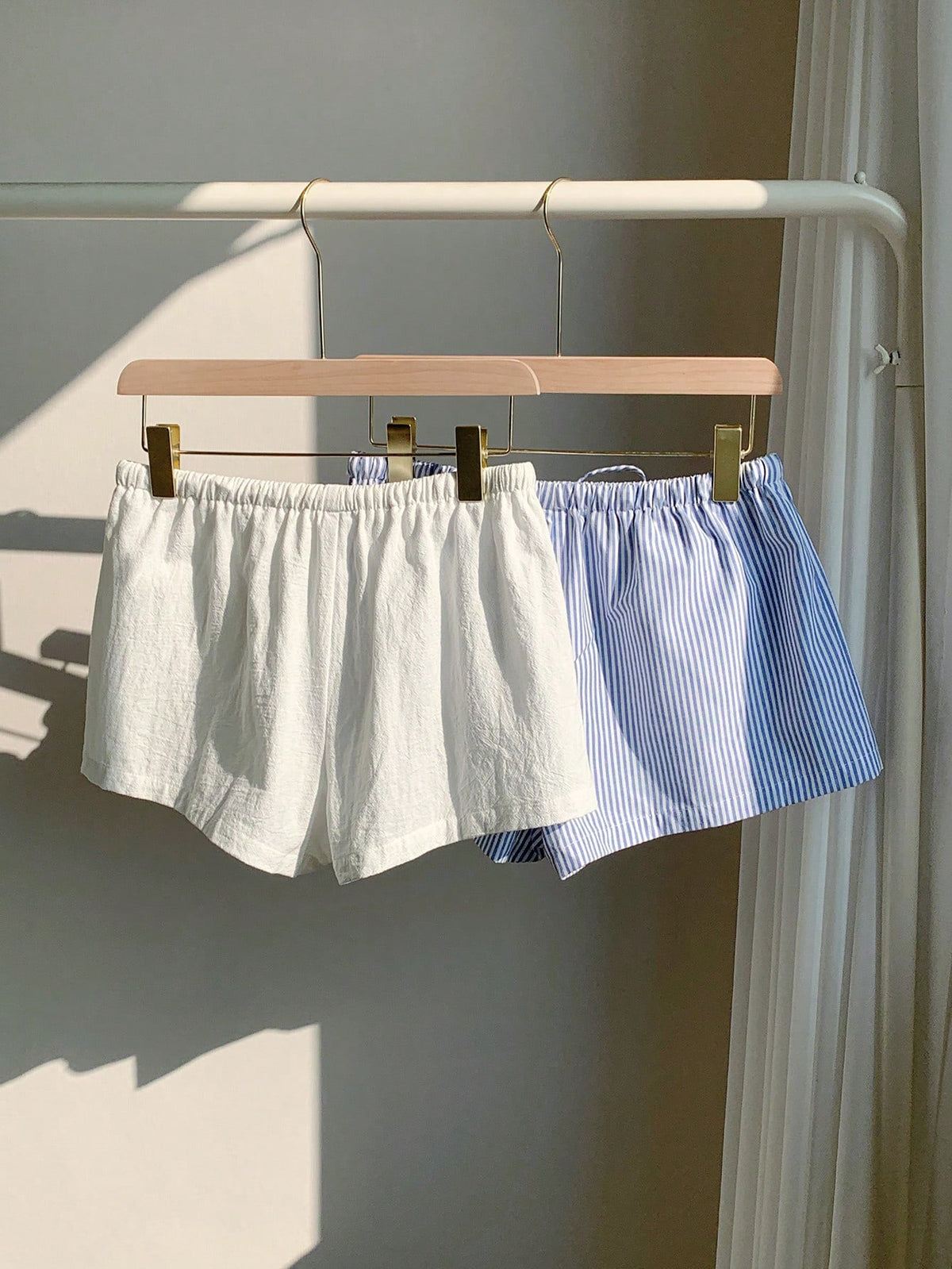 Comfortcana 2pcs Women Linen Blue And White White Shorts Lounge Summer Casual