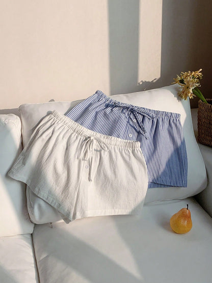 Comfortcana 2pcs Women Linen Blue And White White Shorts Lounge Summer Casual