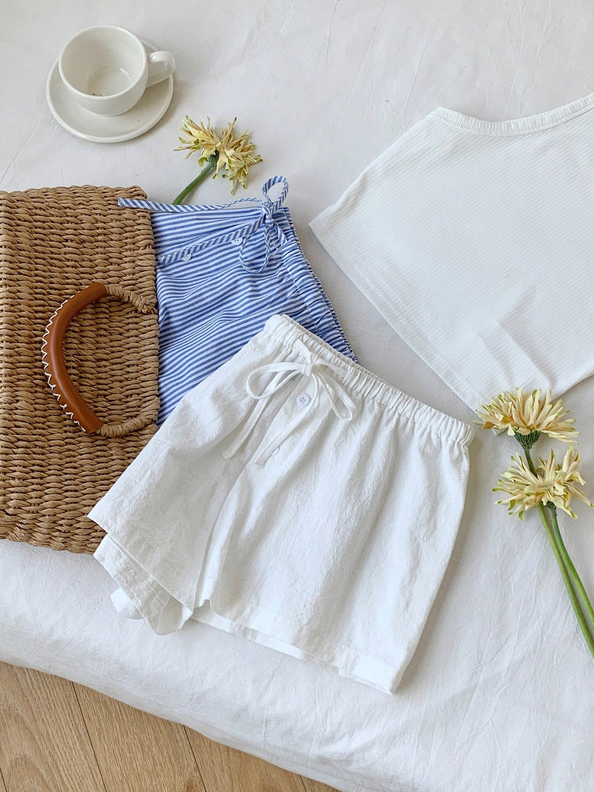 Comfortcana 2pcs Women Linen Blue And White White Shorts Lounge Summer Casual