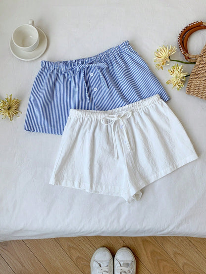 Comfortcana 2pcs Women Linen Blue And White White Shorts Lounge Summer Casual