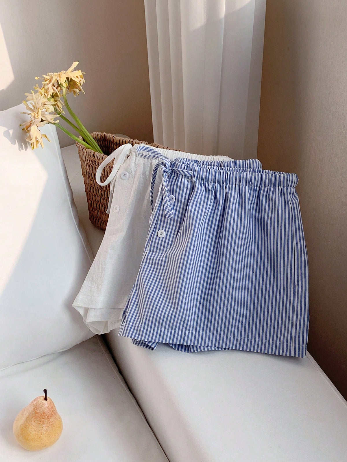 Comfortcana 2pcs Women Linen Blue And White White Shorts Lounge Summer Casual