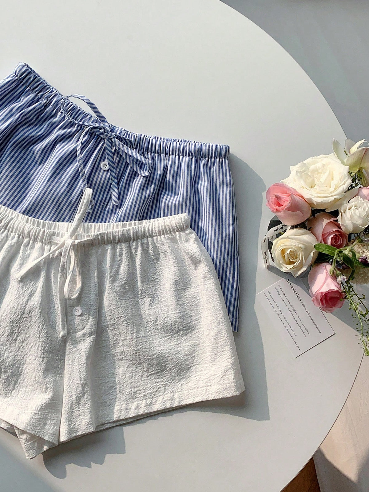 Comfortcana 2pcs Women Linen Blue And White White Shorts Lounge Summer Casual