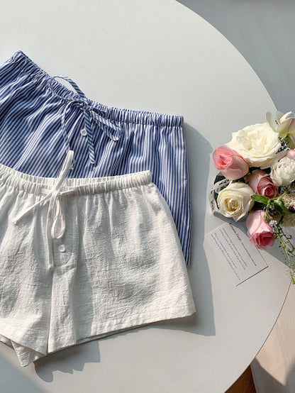 Comfortcana 2pcs Women Linen Blue And White White Shorts Lounge Summer Casual