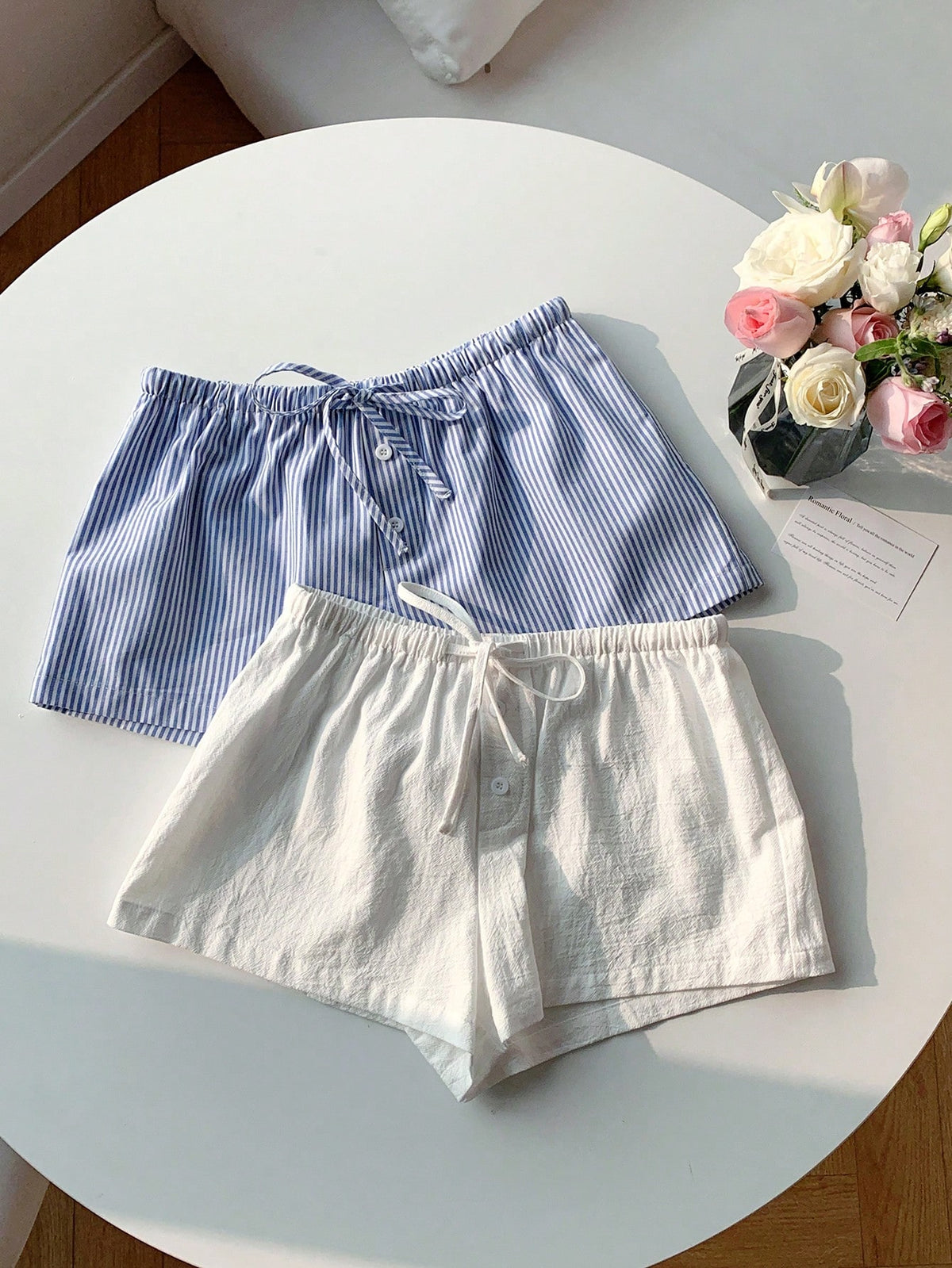 Comfortcana 2pcs Women Linen Blue And White White Shorts Lounge Summer Casual