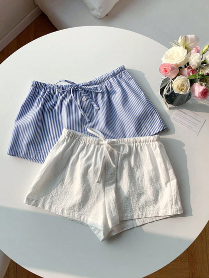 Comfortcana 2pcs Women Linen Blue And White White Shorts Lounge Summer Casual