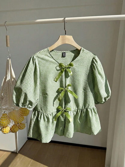 Comfortcana Mint Green & White Plaid Short Sleeve Casual Plus Size Women Shirt