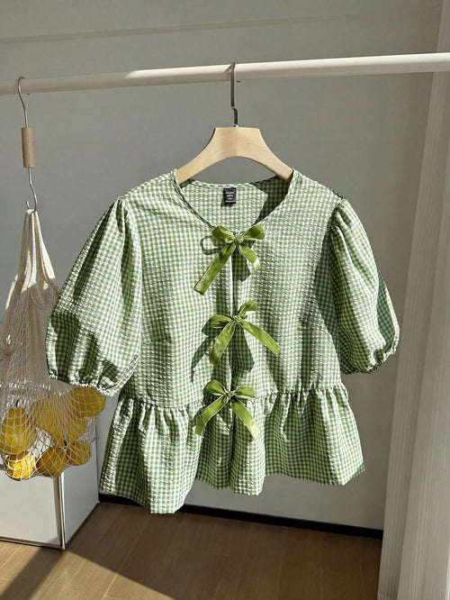 Comfortcana Mint Green & White Plaid Short Sleeve Casual Plus Size Women Shirt