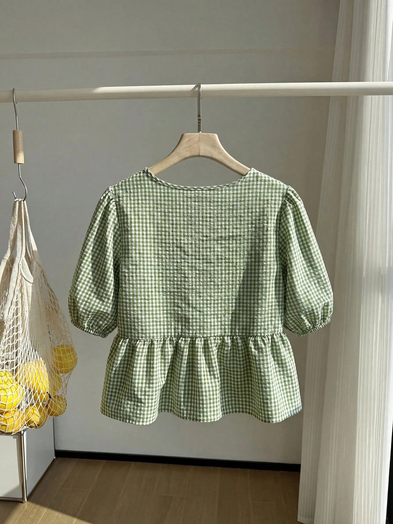 Comfortcana Mint Green & White Plaid Short Sleeve Casual Plus Size Women Shirt