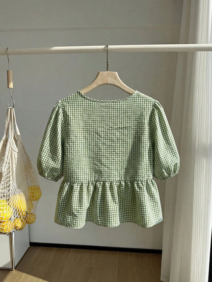 Comfortcana Mint Green & White Plaid Short Sleeve Casual Plus Size Women Shirt