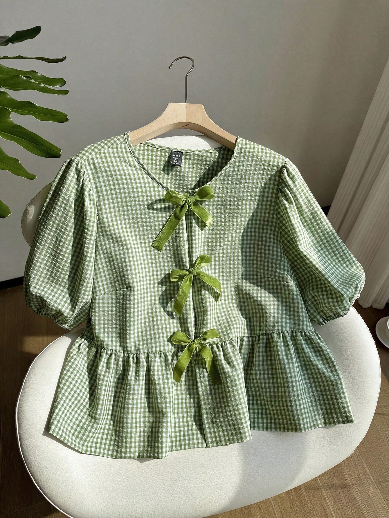 Comfortcana Mint Green & White Plaid Short Sleeve Casual Plus Size Women Shirt