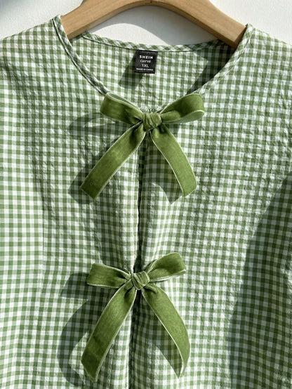 Comfortcana Mint Green & White Plaid Short Sleeve Casual Plus Size Women Shirt