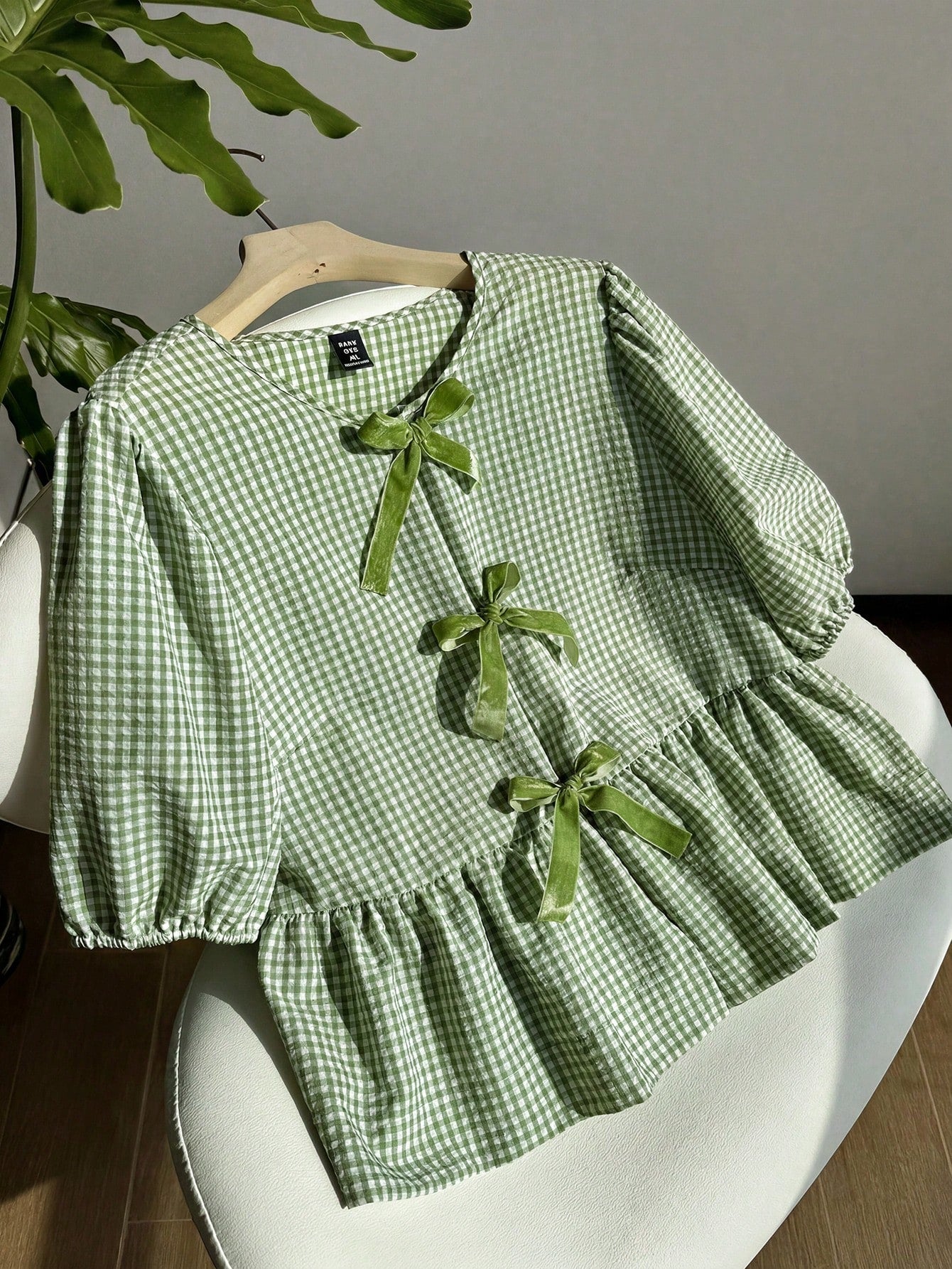 Comfortcana Mint Green & White Plaid Short Sleeve Casual Plus Size Women Shirt