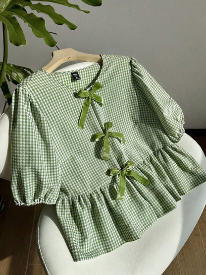 Comfortcana Mint Green & White Plaid Short Sleeve Casual Plus Size Women Shirt