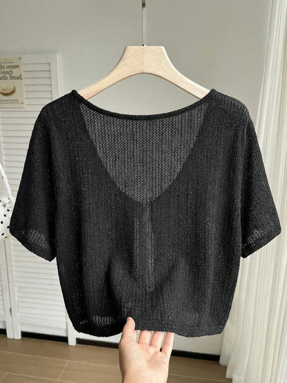Comfortcana Plus Size Black Short Sleeve Casual Cropped Cover Up, Black Summer Top, Knit Sweater, Knit Shrug, Black Top, Knit Sweater