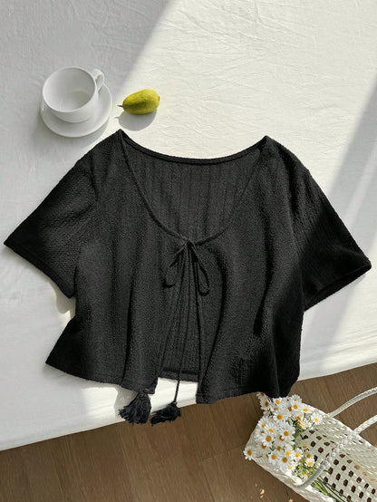Comfortcana Plus Size Black Short Sleeve Casual Cropped Cover Up, Black Summer Top, Knit Sweater, Knit Shrug, Black Top, Knit Sweater