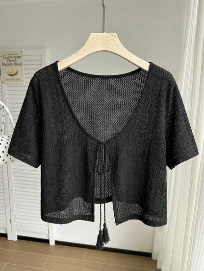 Comfortcana Plus Size Black Short Sleeve Casual Cropped Cover Up, Black Summer Top, Knit Sweater, Knit Shrug, Black Top, Knit Sweater
