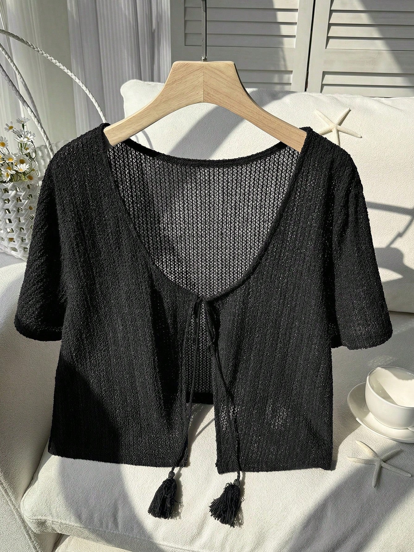 Comfortcana Plus Size Black Short Sleeve Casual Cropped Cover Up, Black Summer Top, Knit Sweater, Knit Shrug, Black Top, Knit Sweater