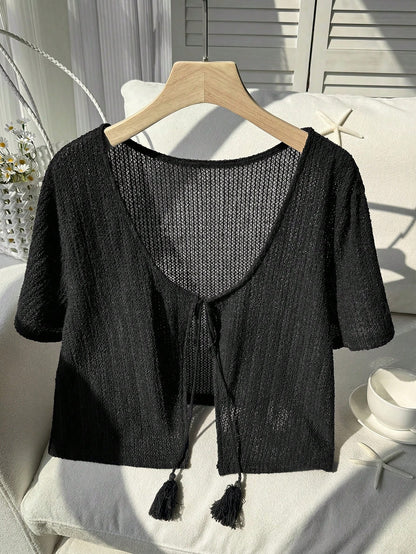 Comfortcana Plus Size Black Short Sleeve Casual Cropped Cover Up, Black Summer Top, Knit Sweater, Knit Shrug, Black Top, Knit Sweater