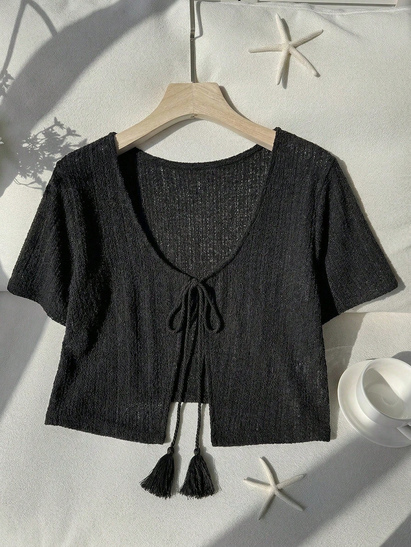 Comfortcana Plus Size Black Short Sleeve Casual Cropped Cover Up, Black Summer Top, Knit Sweater, Knit Shrug, Black Top, Knit Sweater