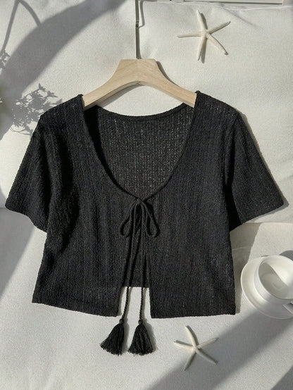 Comfortcana Plus Size Black Short Sleeve Casual Cropped Cover Up, Black Summer Top, Knit Sweater, Knit Shrug, Black Top, Knit Sweater