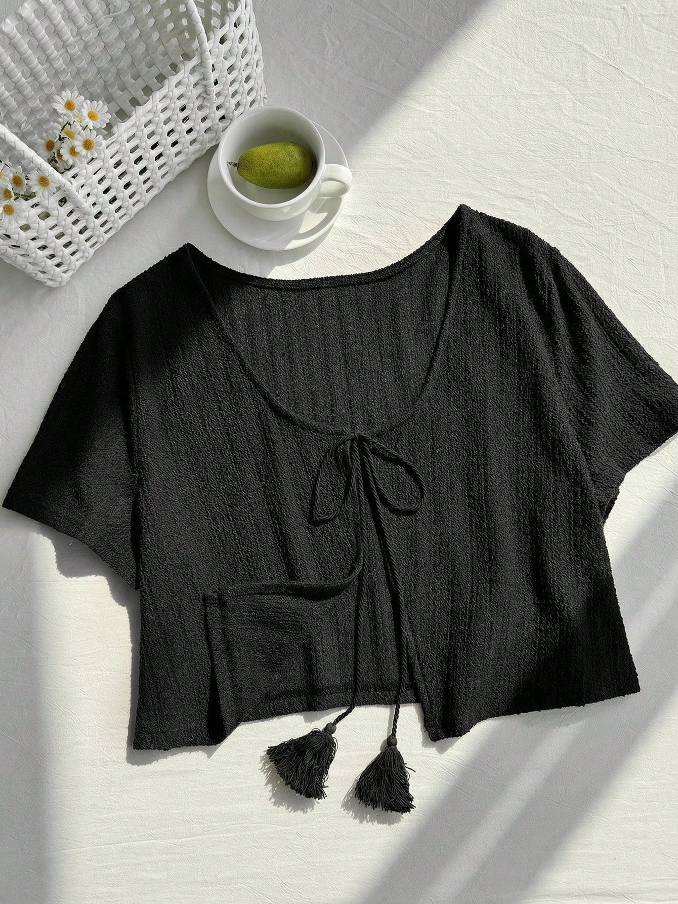 Comfortcana Plus Size Black Short Sleeve Casual Cropped Cover Up, Black Summer Top, Knit Sweater, Knit Shrug, Black Top, Knit Sweater