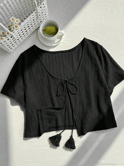 Comfortcana Plus Size Black Short Sleeve Casual Cropped Cover Up, Black Summer Top, Knit Sweater, Knit Shrug, Black Top, Knit Sweater
