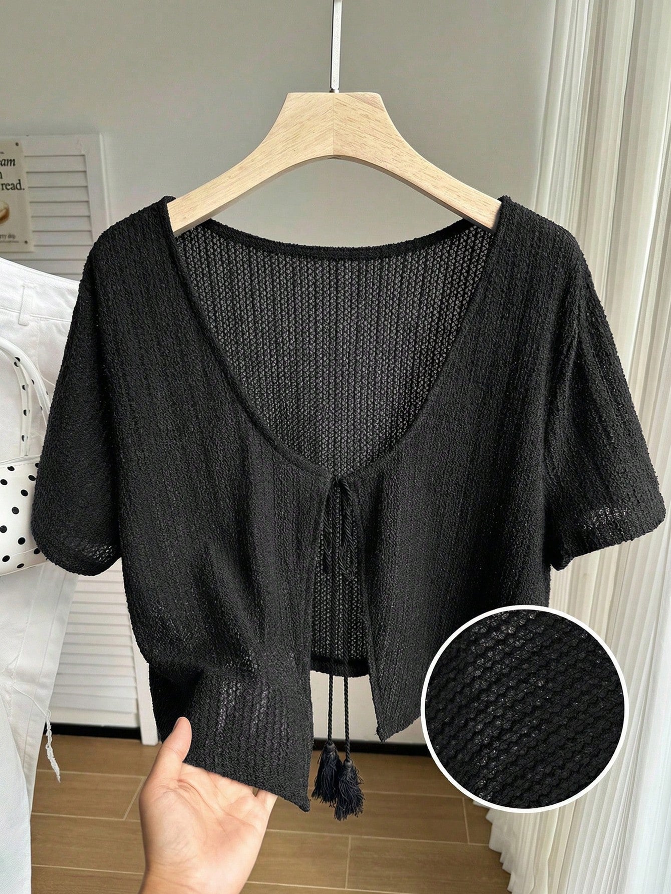 Comfortcana Plus Size Black Short Sleeve Casual Cropped Cover Up, Black Summer Top, Knit Sweater, Knit Shrug, Black Top, Knit Sweater