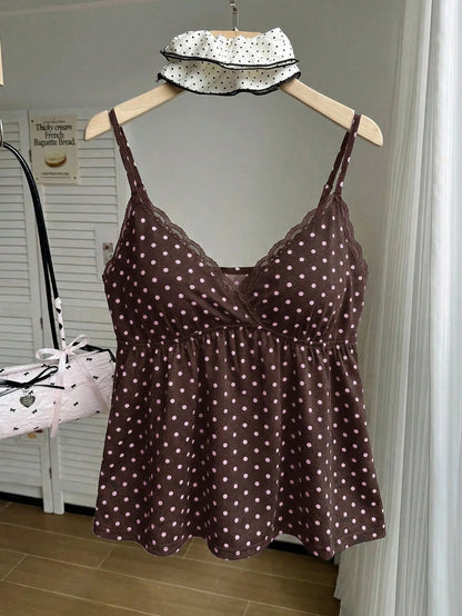 Comfortcana Plus Size Sexy Brown Polka Dot Print Camisole