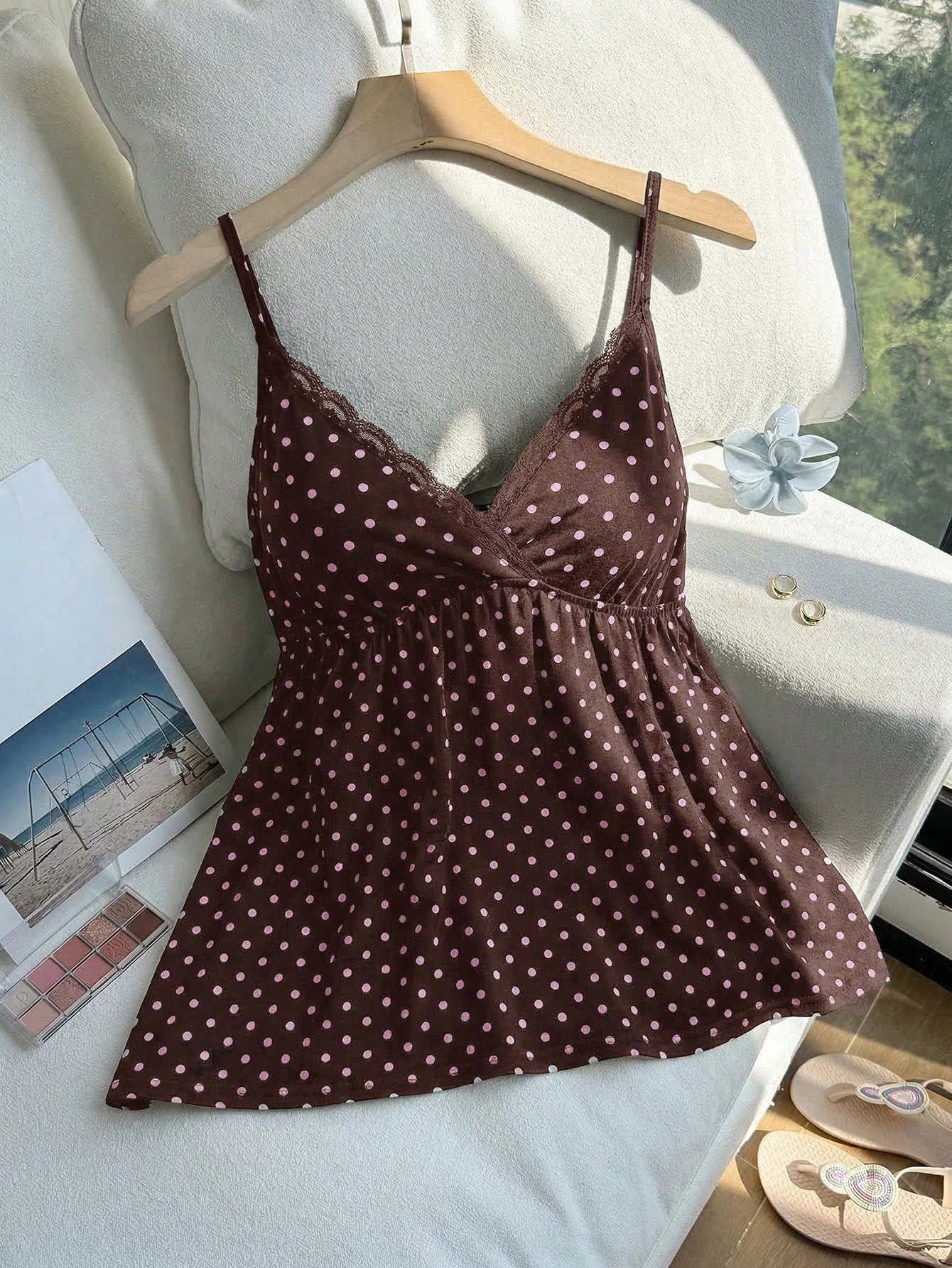 Comfortcana Plus Size Sexy Brown Polka Dot Print Camisole