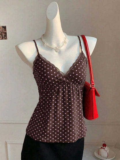 Comfortcana Plus Size Sexy Brown Polka Dot Print Camisole