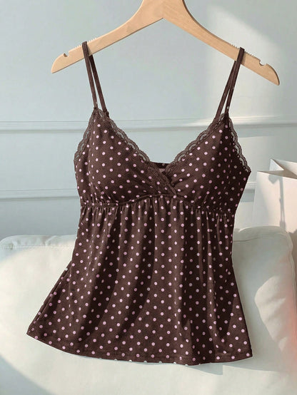 Comfortcana Plus Size Sexy Brown Polka Dot Print Camisole