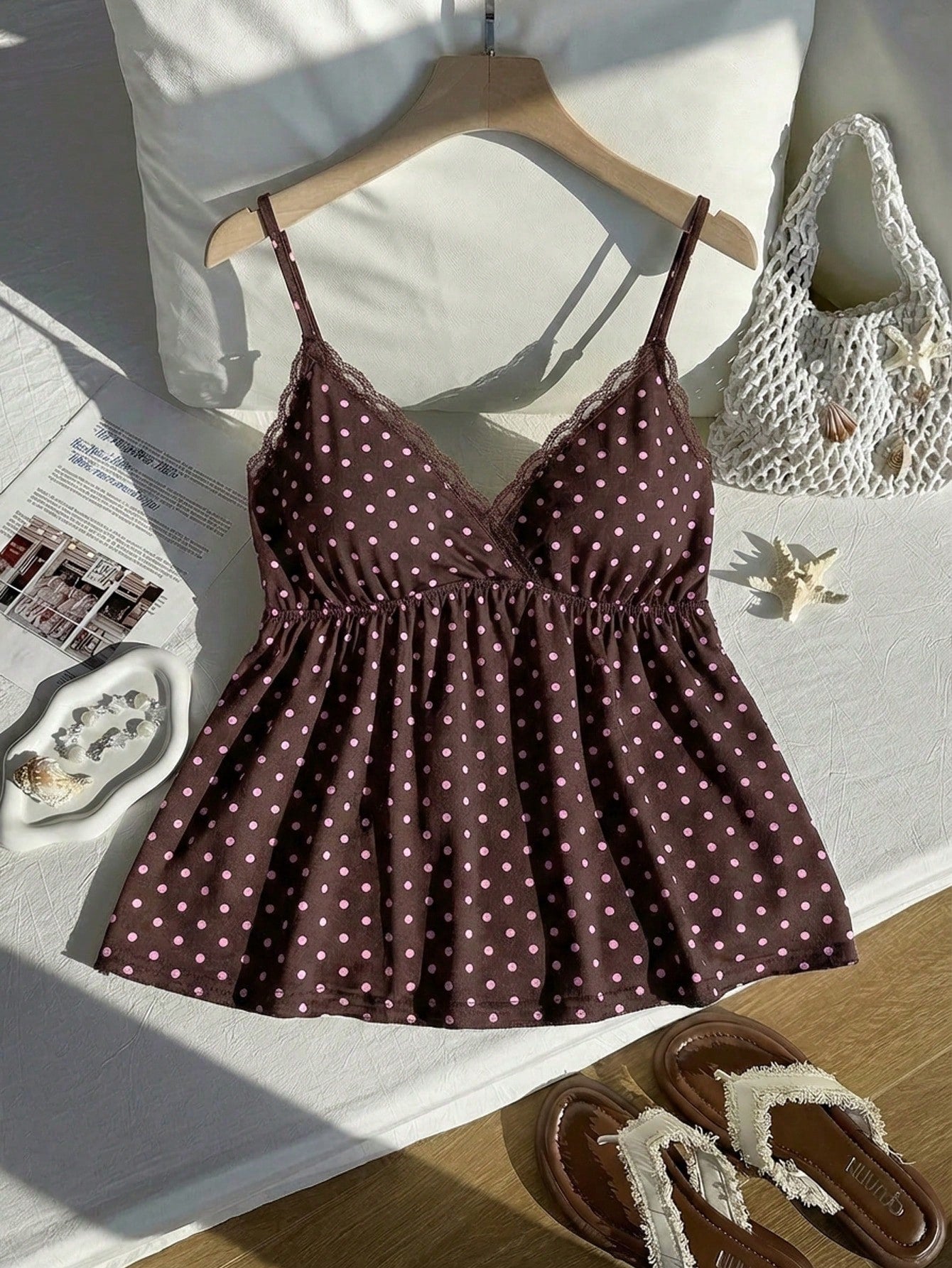 Comfortcana Plus Size Sexy Brown Polka Dot Print Camisole