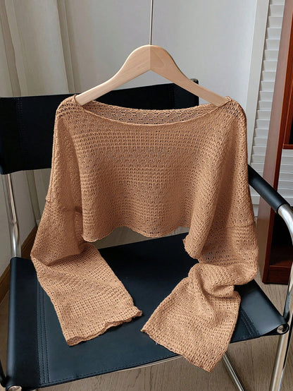 Comfortcana Plus Size Women's Solid Color Casual Cropped Sheer Top Fall