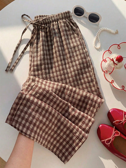Comfortcana Women's Casual Plaid Drawstring Waist Pants, Summer Picnic, Countryside Gingham Checkered Lounge Pants, Daily Wear Valentine's Day Costume